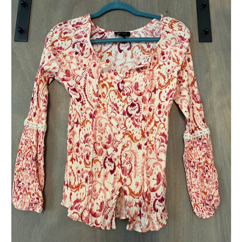 Boho Hippie Shirred Crochet Trim Floral Long Sleeve Blouse Size Small